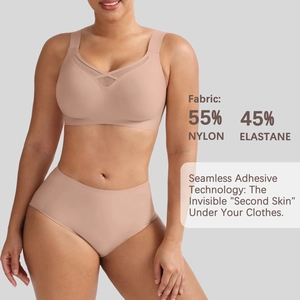 Detail view of seamless v-neck lingerie set showing 55% nylon and 45% elastane fabric