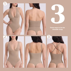 Three-way adjustable straps on a deep V-neck beige bodysuit for versatile styling options