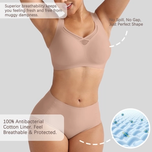Detail view of seamless nude lingerie set featuring 100% antibacterial cotton crotch lining
