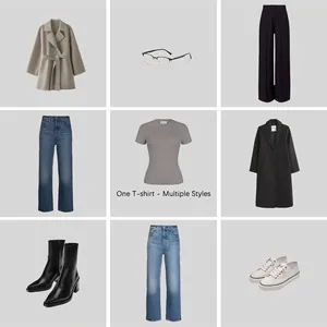 Collage de camiseta gris de manga corta combinada con abrigos, jeans y pantalones variados