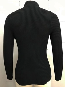 Detailed back view of a slim-fit ribbed knit sweater featuring long sleeves and high neckline