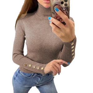 Women's taupe ribbed turtleneck sweater with elegant gold button details on long sleeves