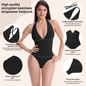 Seamless black shapewear bodysuit with adjustable straps and tummy control compression