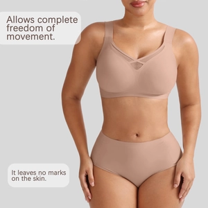 Detail of skin-toned seamless bra set with sheer mesh cross detail and wide straps