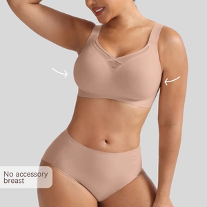 Detail view of seamless wire-free bra set with mesh panel and side breast support