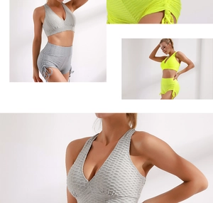 Detail view of honeycomb texture yoga set with V-neck top and drawstring shorts
