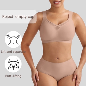 Detail of nude seamless wireless bra with V-neck mesh and high-waist lifting panties set