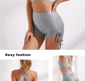 Macro view of grey honeycomb texture yoga set featuring side drawstring and cross back bra