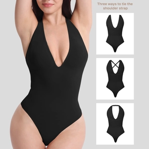 Three-way convertible shoulder strap design on a black deep V-neck slimming bodysuit