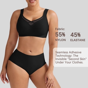 Detail view of black seamless bra set with V-neck mesh and 55% nylon adhesive fabric
