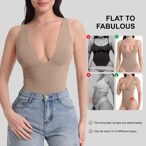 Detail showing the deep V-neck shapewear with detachable straps for three different ways to wear