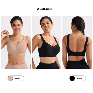 Detail view of seamless wireless bras in beige and black with mesh v-neck and wide straps