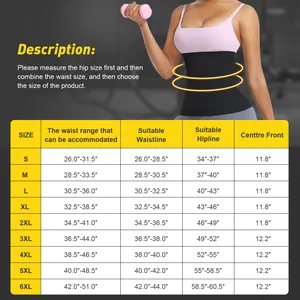 Size chart for blue coating sweat waist trainer showing measurements from S to 6XL sizes