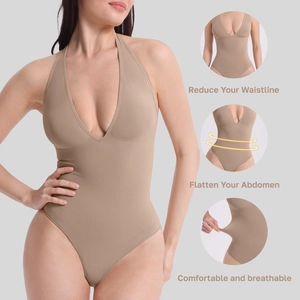 Detail showing high-stretch nude bodysuit with tummy control and waist slimming features