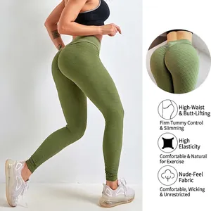 Pantaloni yoga a vita alta verde oliva con trama a nido d'ape ed effetto modellante