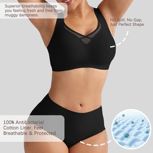 Detail of seamless black lingerie set featuring 100% antibacterial cotton inner lining