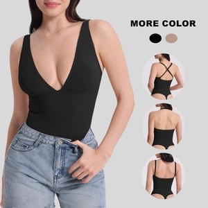 Detail of high-elastic black deep-V bodysuit with three versatile back styling options