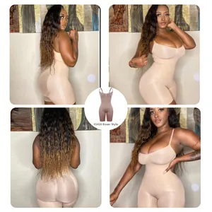 Four-way view showing seamless beige boxer-style bodysuit with tummy control and butt lift
