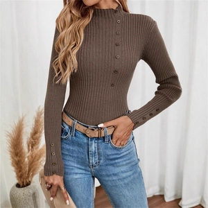 Women's dark brown ribbed knit sweater with side buttons and mock neck collar