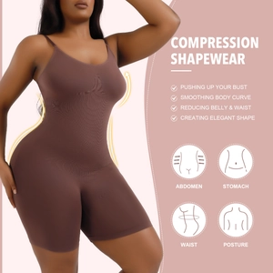 Detail diagram showing seamless bodysuit with adjustable straps for tummy control and hip lift