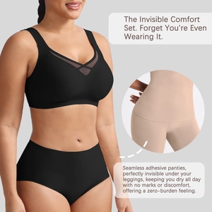 Seamless wireless bra set with sheer mesh patchwork and laser-cut invisible panties