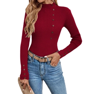 Women's slim fit ribbed knit sweater in burgundy with decorative buttons and mock neck