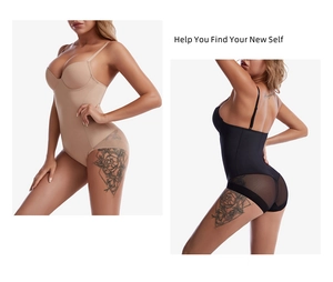 Detailed front and back views of slimming bodysuit with lace mesh and adjustable straps