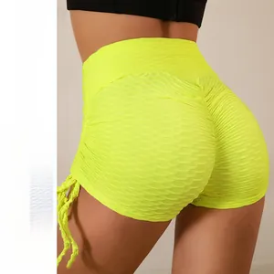 High-waist honeycomb texture yoga shorts with side drawstrings and butt-lifting design