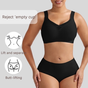 Seamless wireless bra and panty set in black with mesh detailing and tummy control