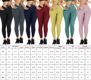 Tableau des tailles détaillé pour leggings taille haute avec mesures US, UK et EU
