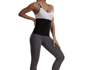 Side view of black waist trainer with blue heat-trapping coating on fitness model