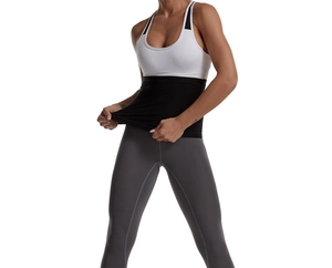 Detailed view of black waist trainer on model showing high elasticity and shaping effect