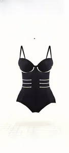 Detail view of black seamless shapewear bodysuit with adjustable straps and tummy control