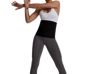 Close-up of a black waist trainer for women showing the elastic fit on the torso area