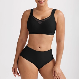 Detail of black seamless wire-free lingerie set with V-neck mesh and high-waist panties