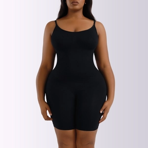 Detailed front view of high-elasticity black bodysuit shapewear with slim straps