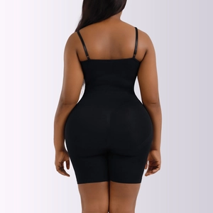 Rear view of black full body shapewear with thin straps and butt lifting feature