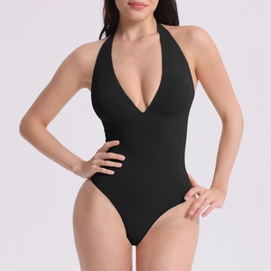 Close-up of black deep V-neck halter bodysuit with high-elastic compression fabric