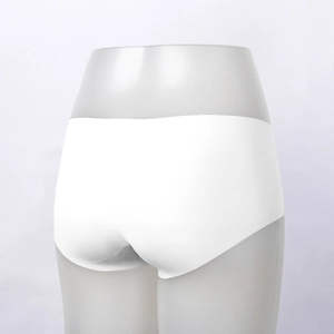 Rear view of seamless white panties on a mannequin showing full coverage and invisible fit