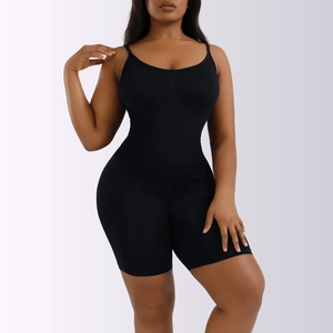Close-up detail of seamless black slimming bodysuit with thin adjustable straps and U-neckline
