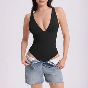 Close-up of black deep V-neck sculpting bodysuit with high-cut design and elastic fabric
