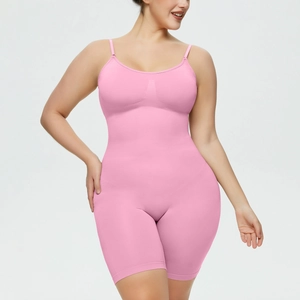 Close-up of pink seamless bodysuit with adjustable straps and tummy control fabric