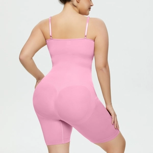 Detailed back view of a pink seamless shapewear bodysuit with tummy control and butt lifting