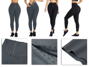Vue détaillée des fermetures à agrafes multi-rangées sur le legging de yoga sculptant