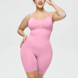 Detailed view of pink plus size seamless bodysuit featuring adjustable thin straps