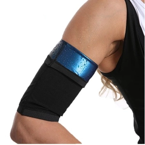 Detail of sweat arm trimmer with blue heat-trapping lining showing intense perspiration