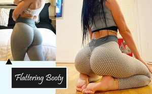 Détail du legging de yoga gris jacquard à taille haute en V avec effet galbant sur les fesses