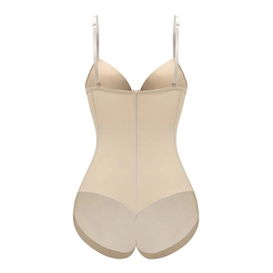 Detail view of the breathable mesh back panels and adjustable straps on the beige bodysuit