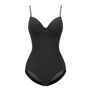 Detail of black seamless bodysuit with underwire cups and tummy control fabric