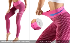 Détail de la taille haute de 11cm sur leggings de yoga roses texturés pour le contrôle du ventre